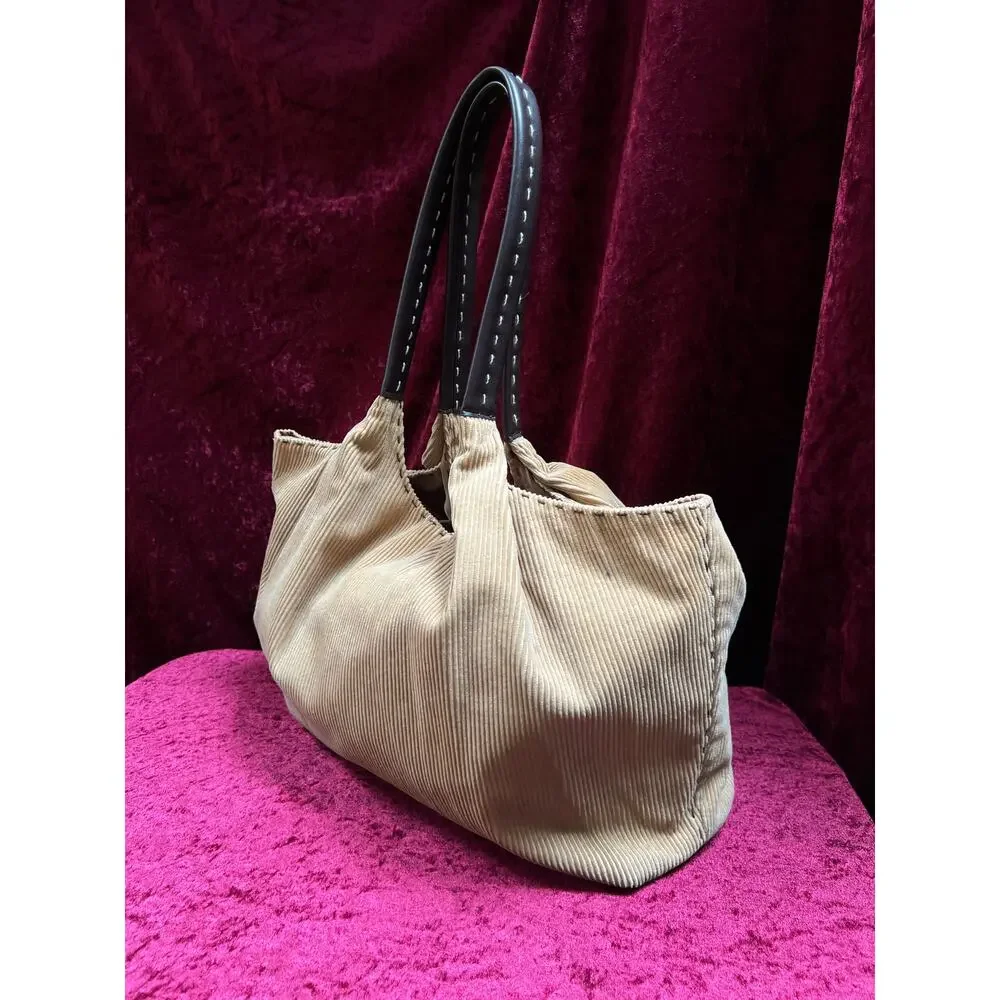 Vintage Moda International Corduroy Shoulder Bag - Tan Cotton Brown PVC Tote